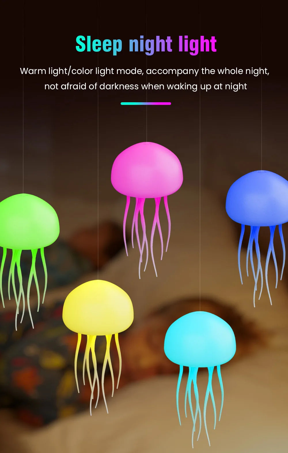 Jellyfish Cartoon LED Night Light – Voice Control RGB Rotating Lamp