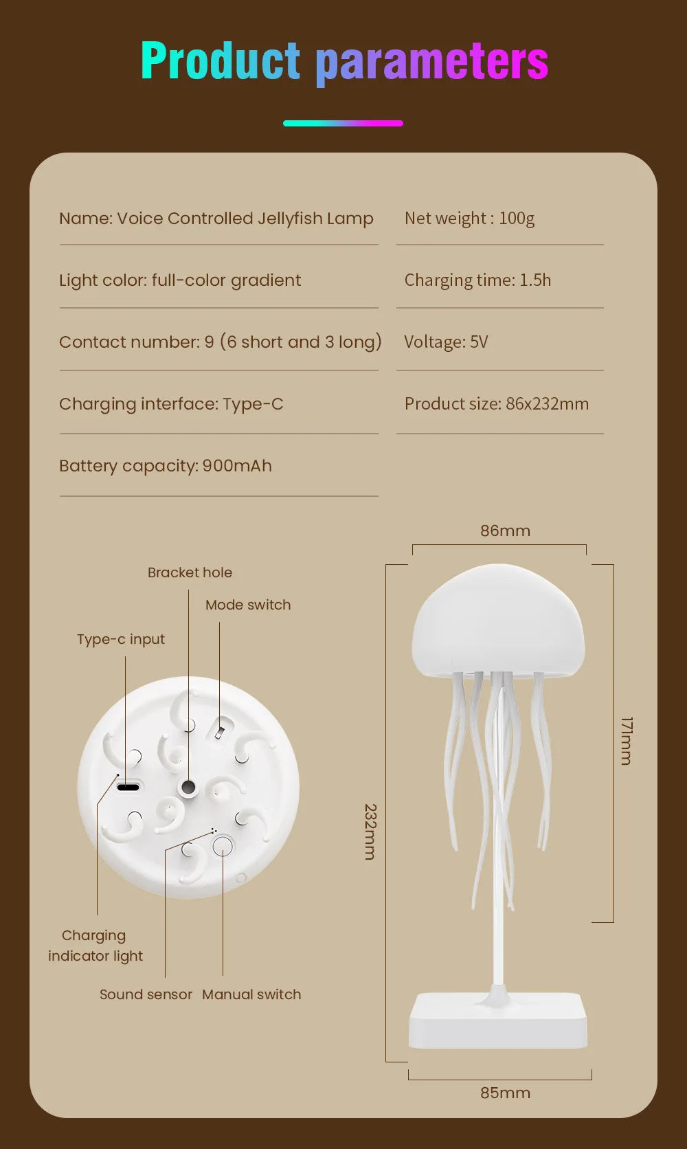 Jellyfish Cartoon LED Night Light – Voice Control RGB Rotating Lamp