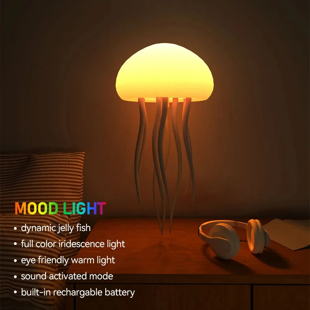 Jellyfish Cartoon LED Night Light – Voice Control RGB Rotating Lamp