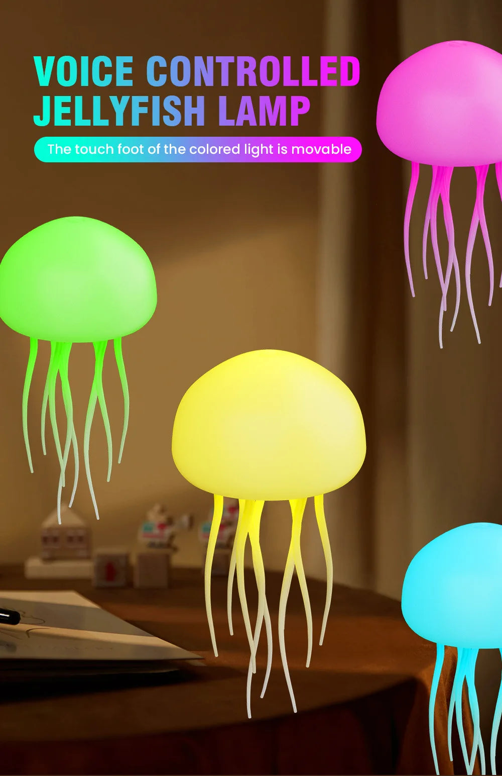 Jellyfish Cartoon LED Night Light – Voice Control RGB Rotating Lamp