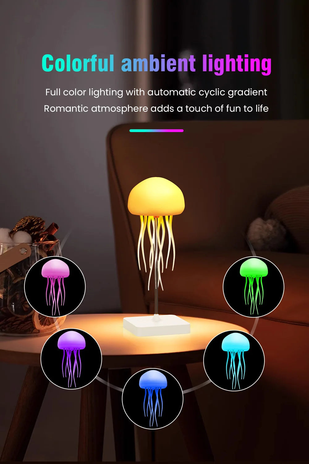 Jellyfish Cartoon LED Night Light – Voice Control RGB Rotating Lamp