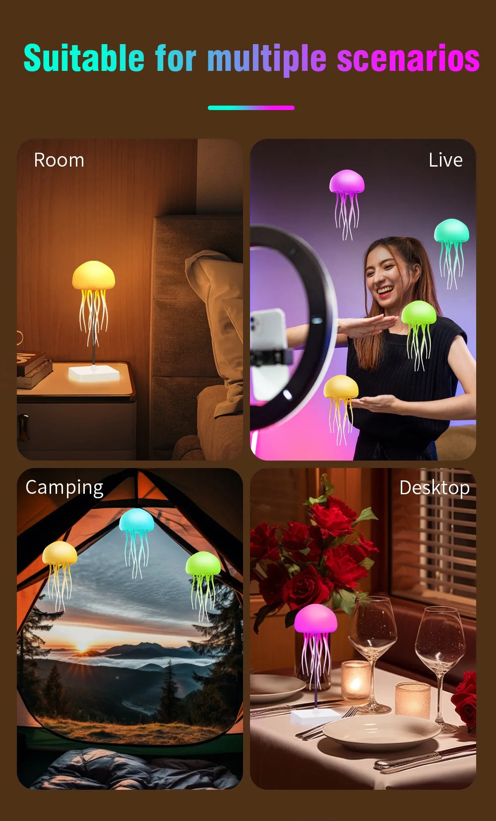 Jellyfish Cartoon LED Night Light – Voice Control RGB Rotating Lamp