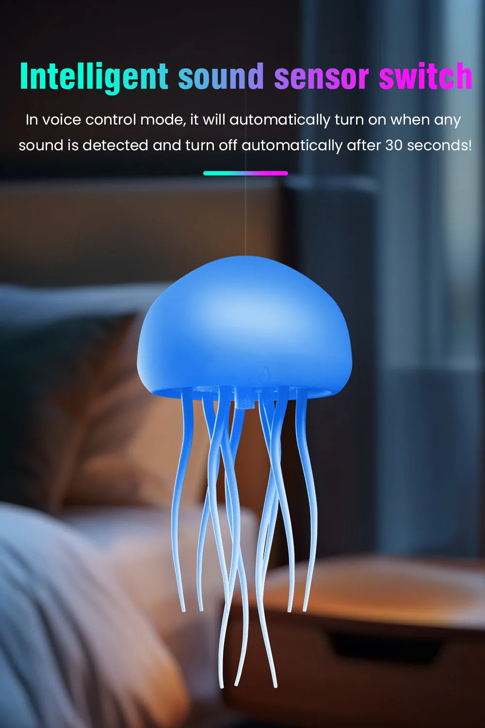 Jellyfish Cartoon LED Night Light – Voice Control RGB Rotating Lamp